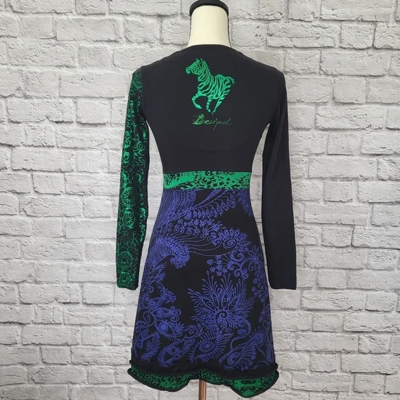 Desigual dress black green blue fit flare long sleeve dragon zebra detail Sz S - Picture 8 of 15